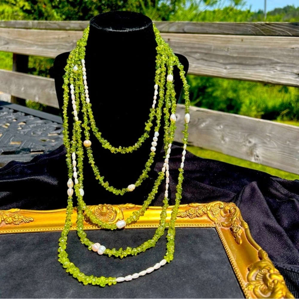 Five Strand Peridot Chip and Freshwater Pearl Necklace